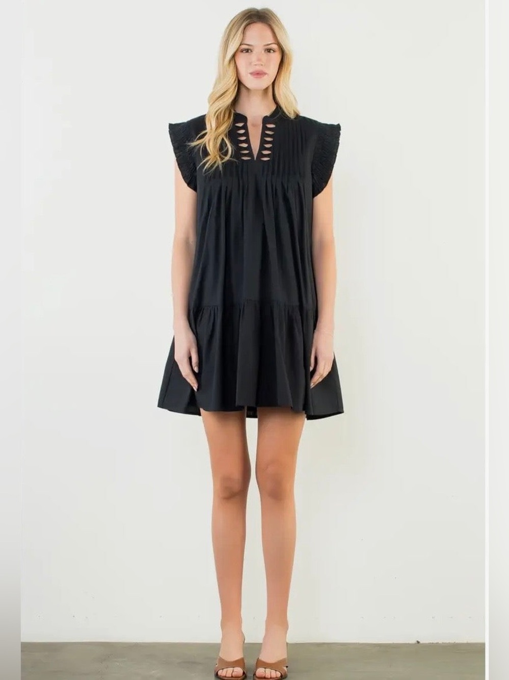 NWT THML Pleated Split Neck Bow Detail Dress